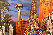 The best of Las Vegas, it's icons - the Welcome Sign, Eiffel Tower, Fountains of Bellagio, Stratosphere Tower. Closeup 2