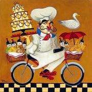 Tim's Cuisine Series, the whimsical Chef on a bicycle doing a balancing act for a party delivery.