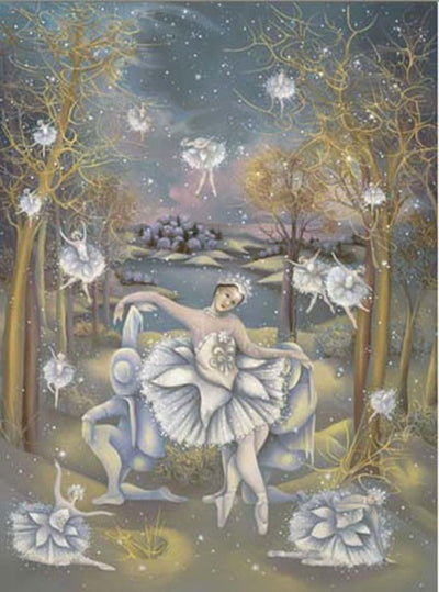 Ballerina's floating and dancing as the snowflakes drop 