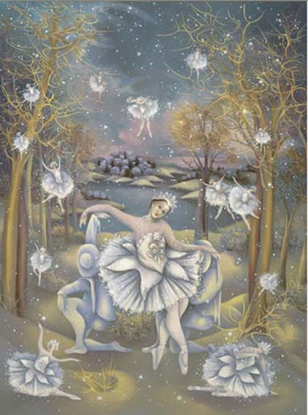 Ballerina's floating and dancing as the snowflakes drop 