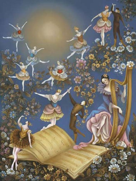 Ballerina's floating and dancing as they follow the music notes in the book.