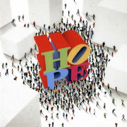 Miniature images of people gathering around the colorful block letters spelling the word "HOPE".