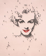Miniature images of people forming a Marilyn Monroe facial form, with a coral color background.