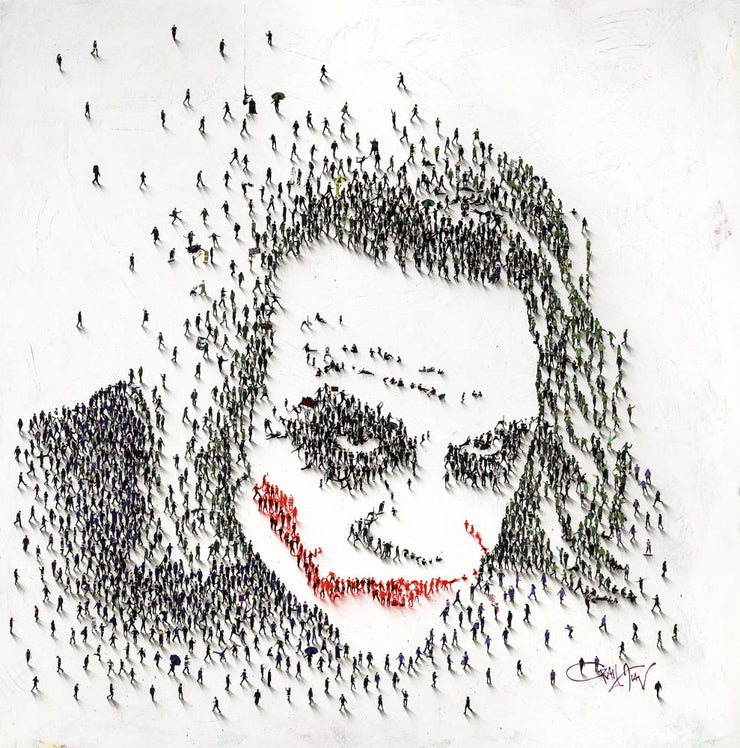 Miniature images of people forming The Joker's face.
