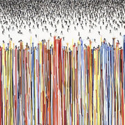 Miniature images of people gathering, some are climbing the multi-color wall of different heights.