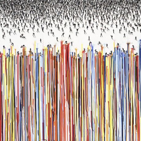 Miniature images of people gathering, some are climbing the multi-color wall of different heights.
