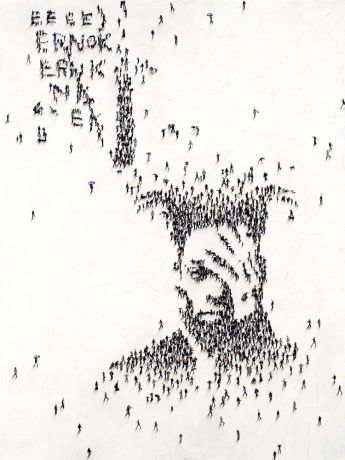 Miniature images of people forming a man's head with his hand on his face.