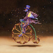 Man appears to be riding a vintage surreal velocipede bike with wheels made of shoes, holding a bouquet of flowers.