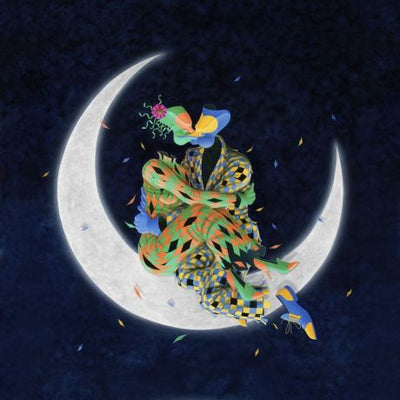 A surrealist couple sitting on a crescent shape moon kissing.