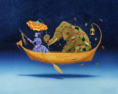 A woman and elephant are riding on a boat that is flowing in air.