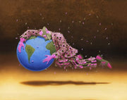 Man embraced with a flowing world globe.