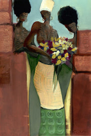 Three women posing one holding a boutique of flowers.