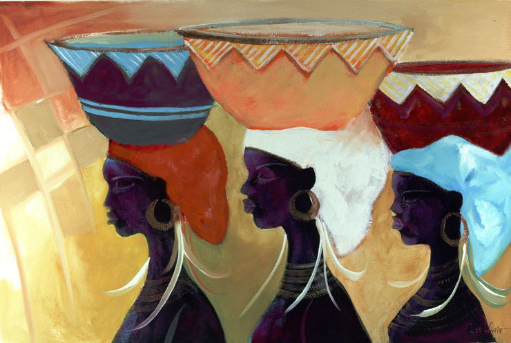 Three women carrying the symbolism custom decorative baskets on the their heads.