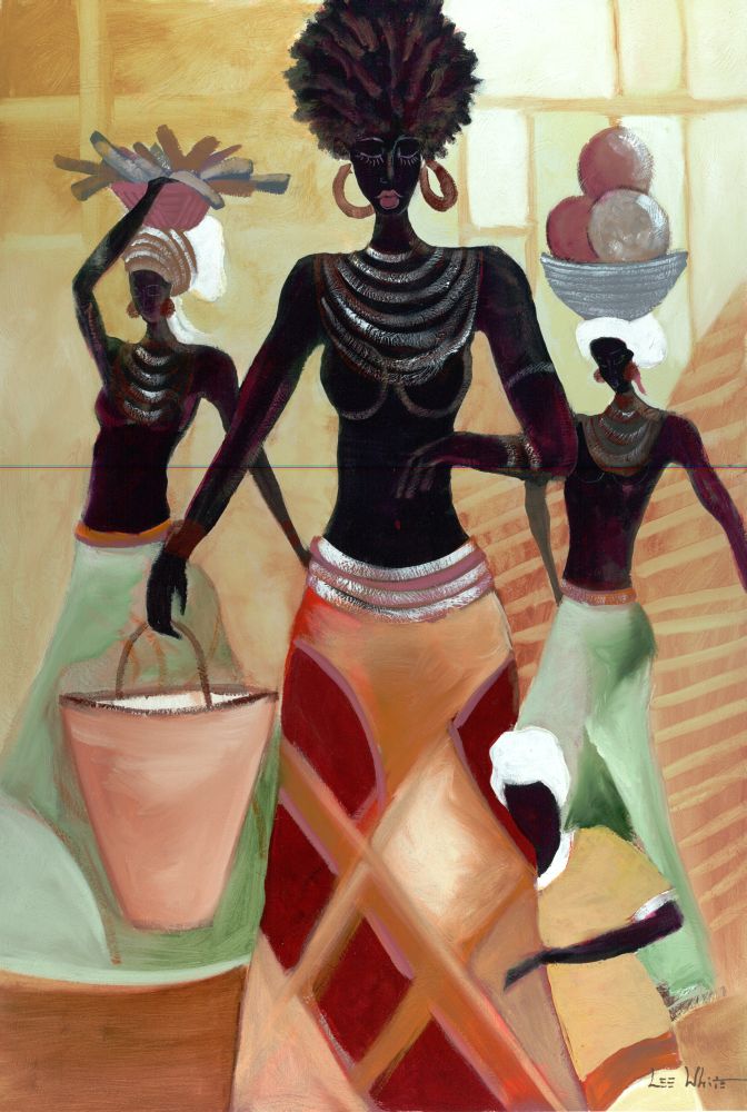 Three village women carry out their daily chores.