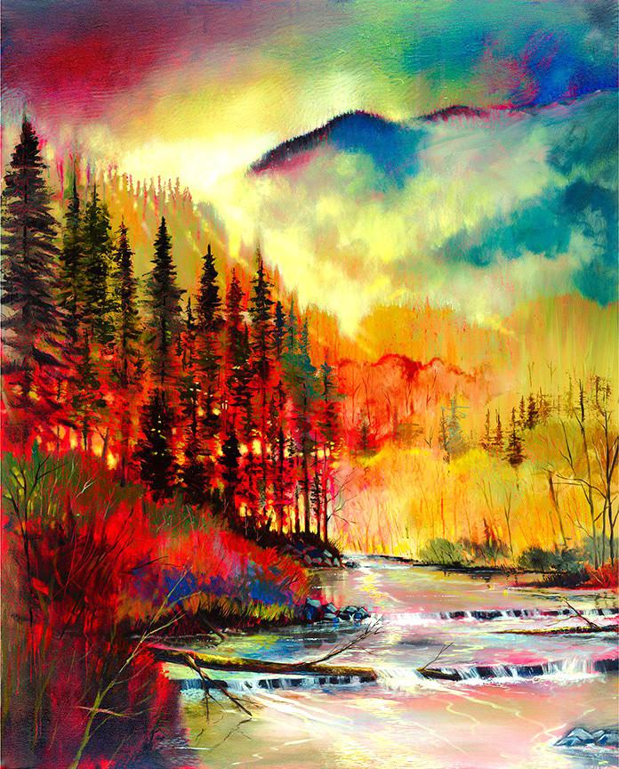 Rich in colors this painting displays of a redwoods lining the river bank, as the morning fog cascades down through mountains, into the valley.