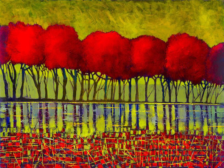 Autumn Jewels -The reflection of the red trees lined up along the water 