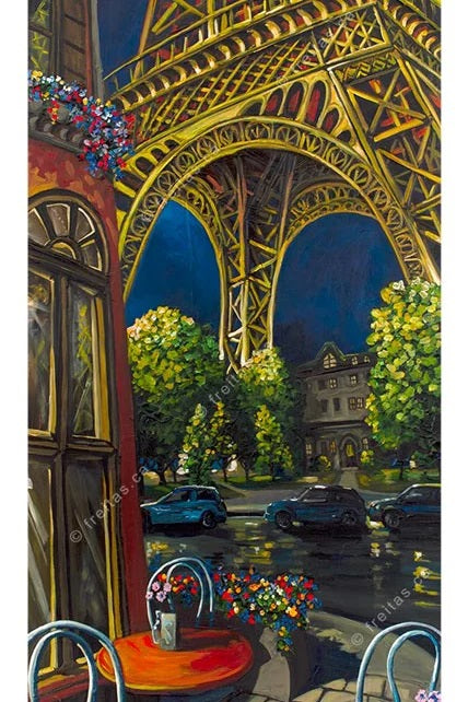 European -  A quaint cafe in the heart of Paris with outdoors sitting, looking the famous Eiffel Tower.
