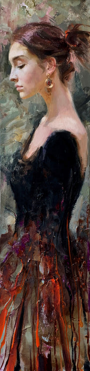 Catalina - Gamma Series by Irene Sheri.   Romantic Impressionist - Catalina's side profile. Her hair pulled back, she wearing a black top with a orange red and brown mixed of colors. 