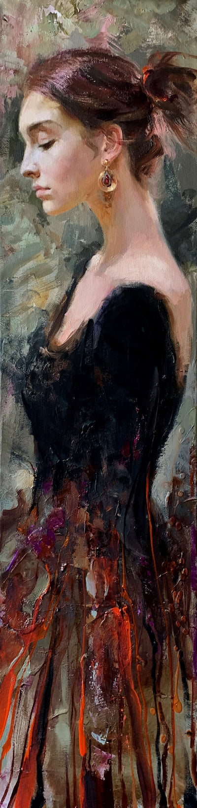 Catalina - Gamma Series by Irene Sheri.   Romantic Impressionist - Catalina's side profile. Her hair pulled back, she wearing a black top with a orange red and brown mixed of colors. 