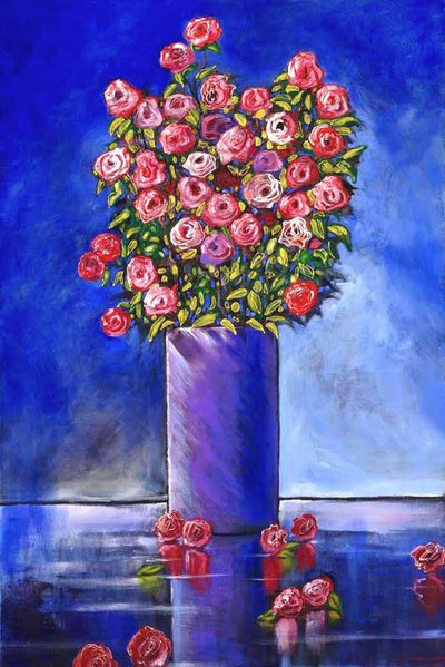Purple vase with bouquet of pink flowers with a blue background