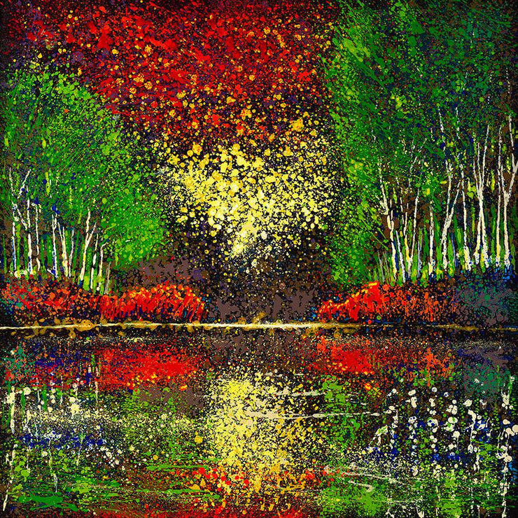 Mosaic style trees surround the waters edge