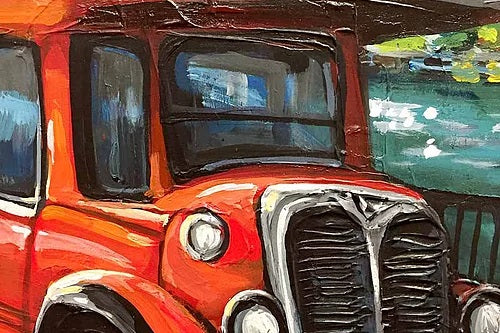 cherry red doubke-decker city bus