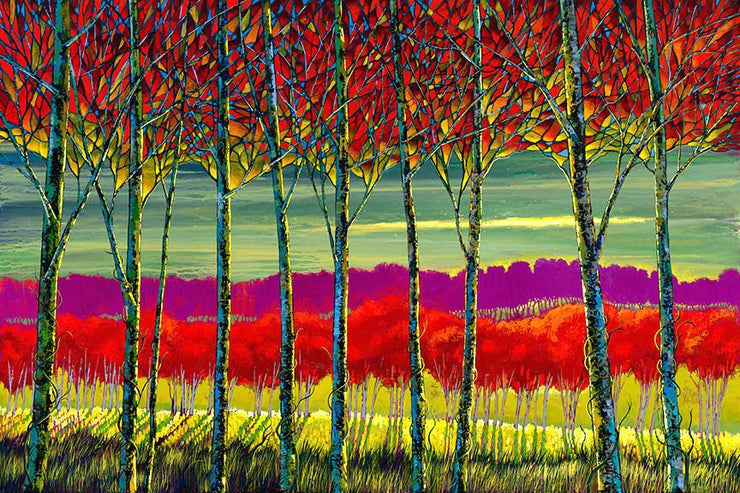 Mosaic trees grove in reds and yellows