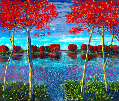 auburn tree top reflect at the waters edge