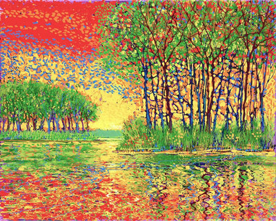 Autumn day sky and a mosaic colored water