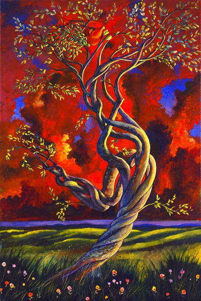 Twisted tree trunk shadowed by red sky