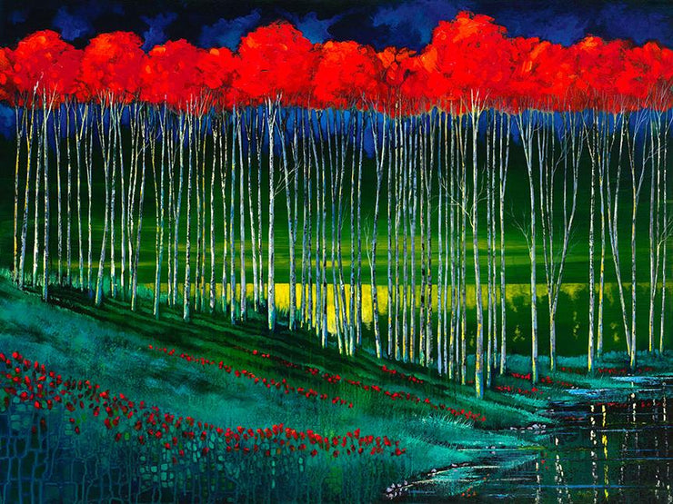 Grove of red topped tree in an aqua evening landscape