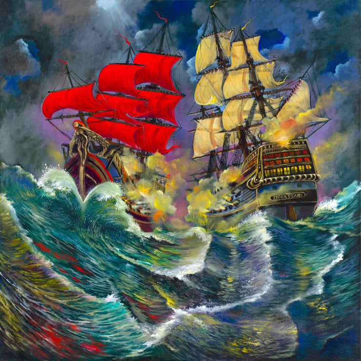 Night Crossing - wing red sails and confident calm of Ford’s flame-haired masthead watches as the ship slices through the wild waters. 