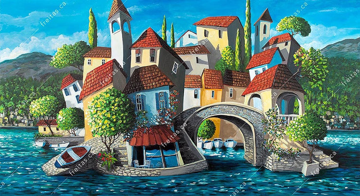 An imaginary island, where fantasy dwells captured only in your dreams, with arched stone bridges leading from structure to another.