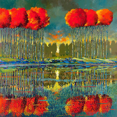 Sunset graces over the tree line and creates a mirroring reflection