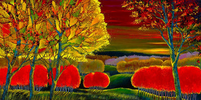 Valley's landscape graced with red and mosaic trees