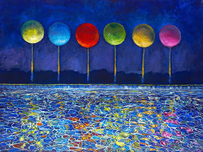 Grove of mutli color pom-pom tree reflect a mosaic pattern in the waters edge