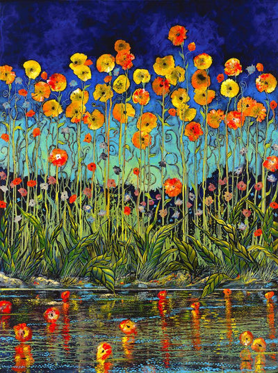 Orange poppies growing tall the water edge