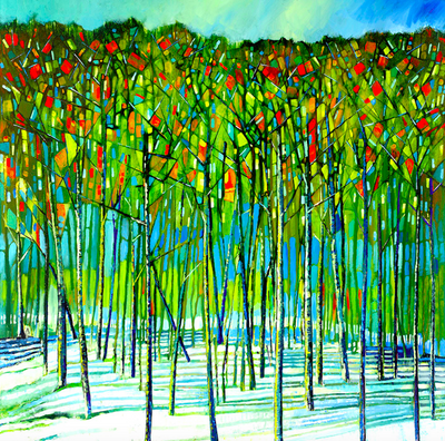 A grove of trees in the snow covered ground