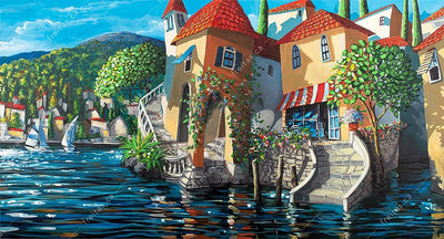The whimsical and quaint Tuscan Villas with steps leading down to the water - surround the shoreline.