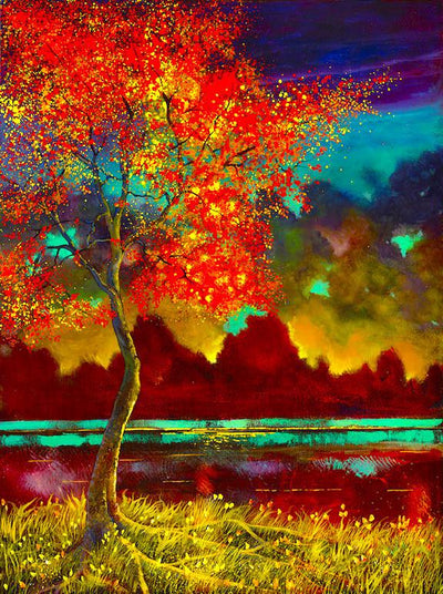 Turquoise sky and orange tree over see the bay